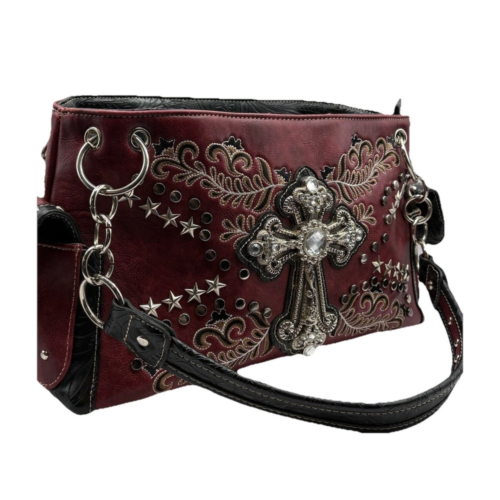 Burgundy Red Cross Studded Women's Handbag Concealed Carry Purse Shoulder Bag